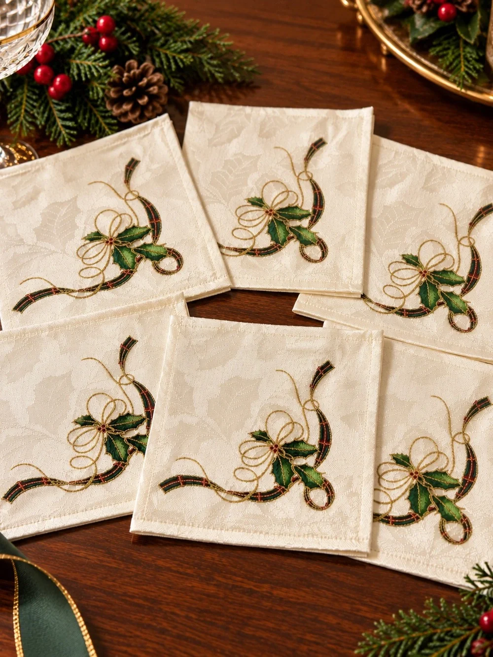 Lenox Holiday Nouveau Gold Cocktail Napkins Set of 6 NIB Christmas